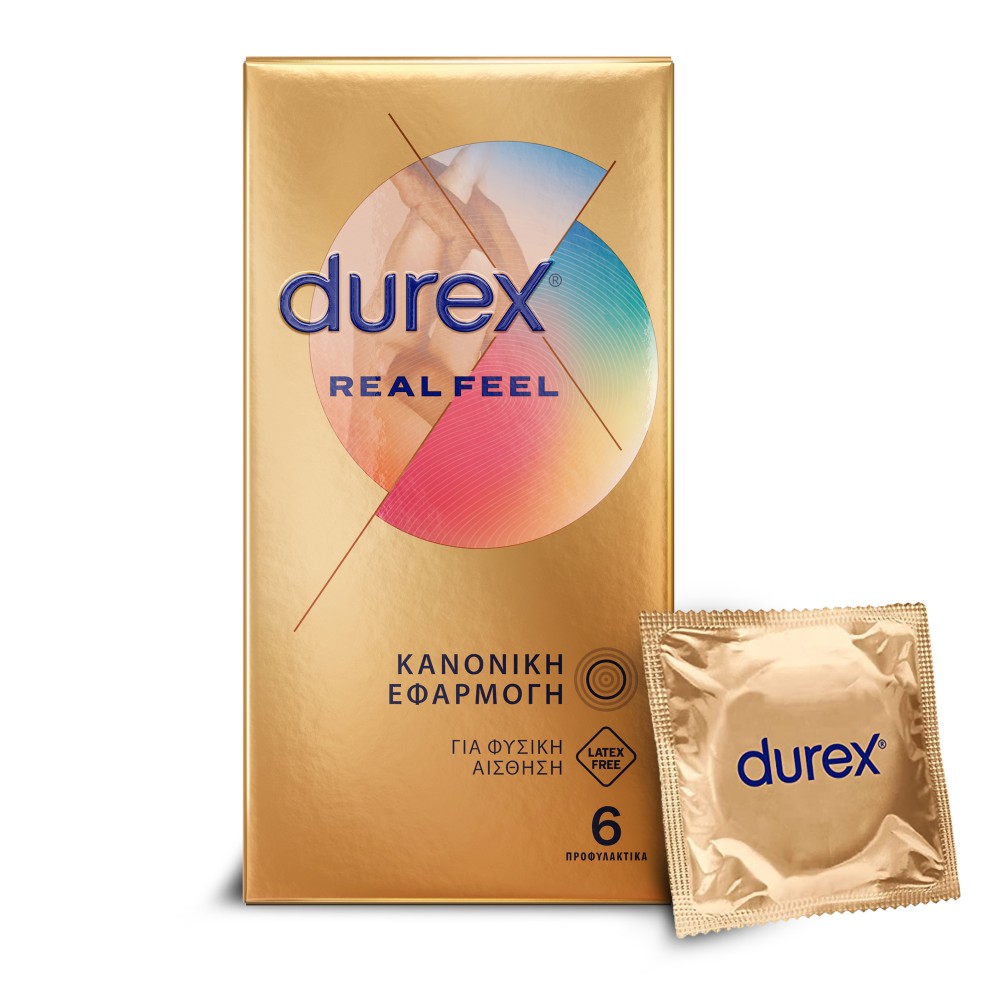 Durex Προφυλακτικά Πολύ Λεπτά Χωρίς Λάτεξ Real Feel Κανονική Εφαρμογή, 6 τεμάχια